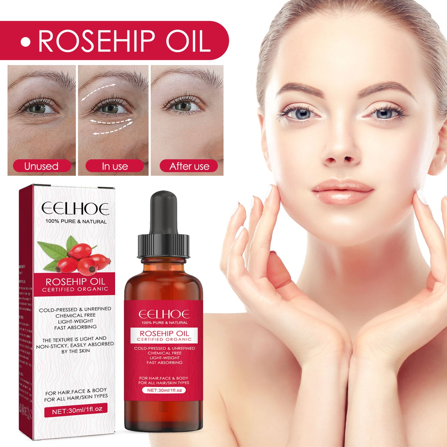 EELHOE Rosehip Facial Oil For Facial And Body Hydration, Nourishing Skin Care,